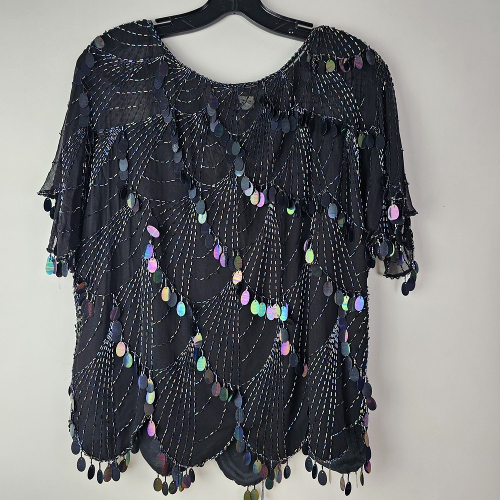 Vintage Oleg Cassini‎ Black Silk Sequin Beaded Blouse Medium Irridescent Top NYE